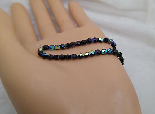 4mm Jet Black AB Czech Firepolish Glass Beads