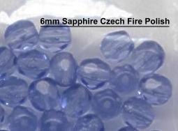 6mm Sapphire Blue Czech Firepolish Glass Beads