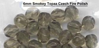 6mm Smokey Topaz Czech Firepolish Glass Beads