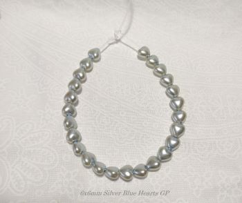 6x6mm Silver Blue Glass Pearl Heart Beads
